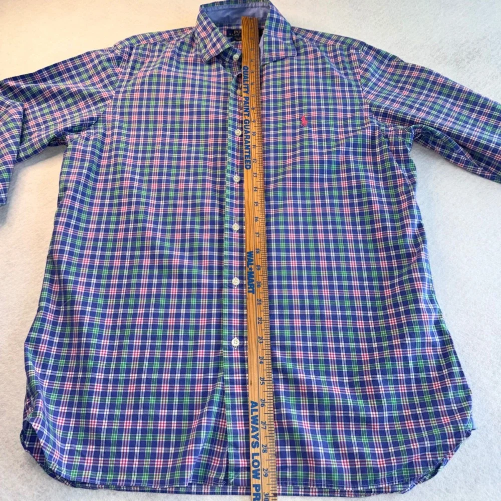 Polo Ralph Lauren Mens Medium Blue Green Pink Plaid‎ Cotton Stretch Shirt M
